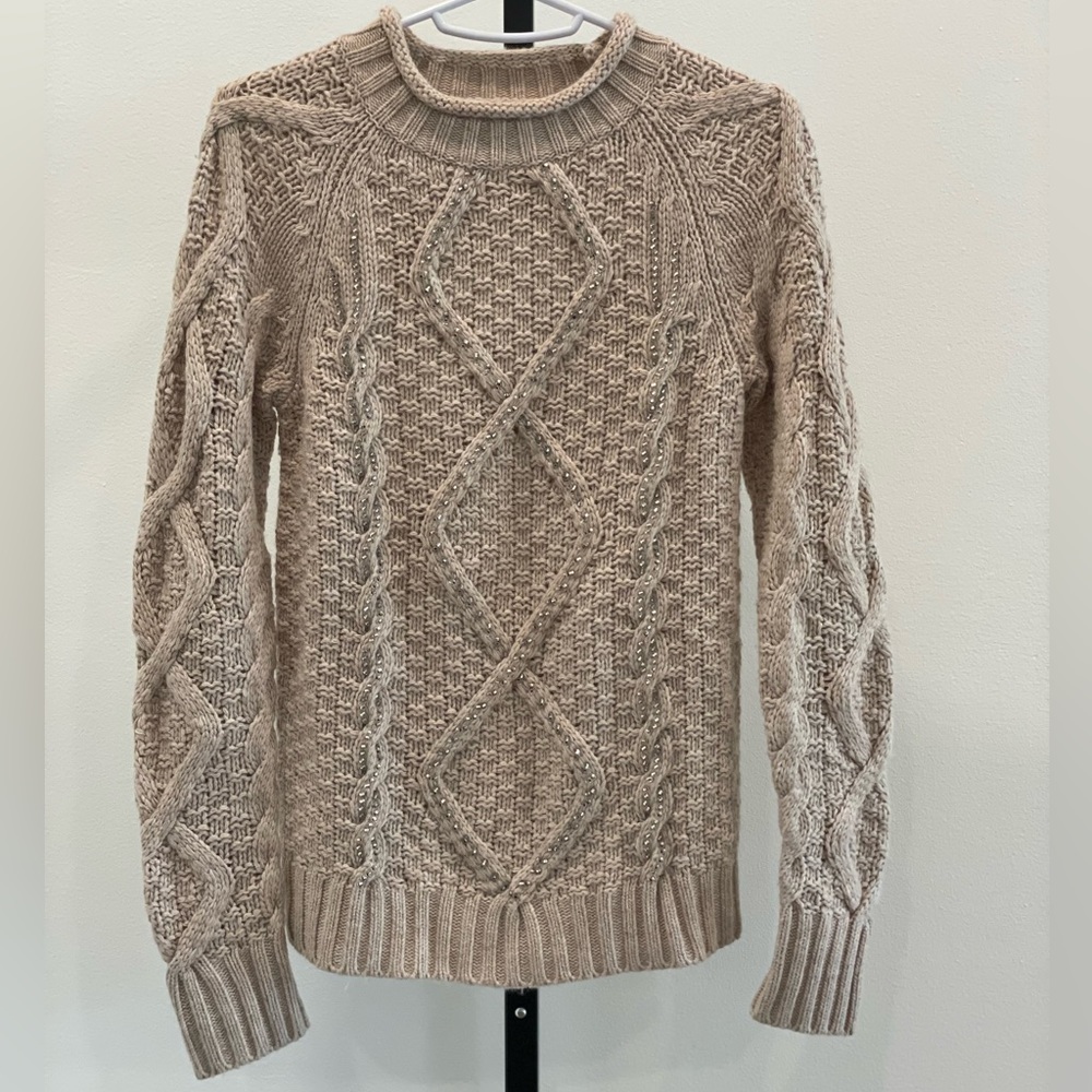 Embellished Cable Knit Wool Blend Crewneck Sweater